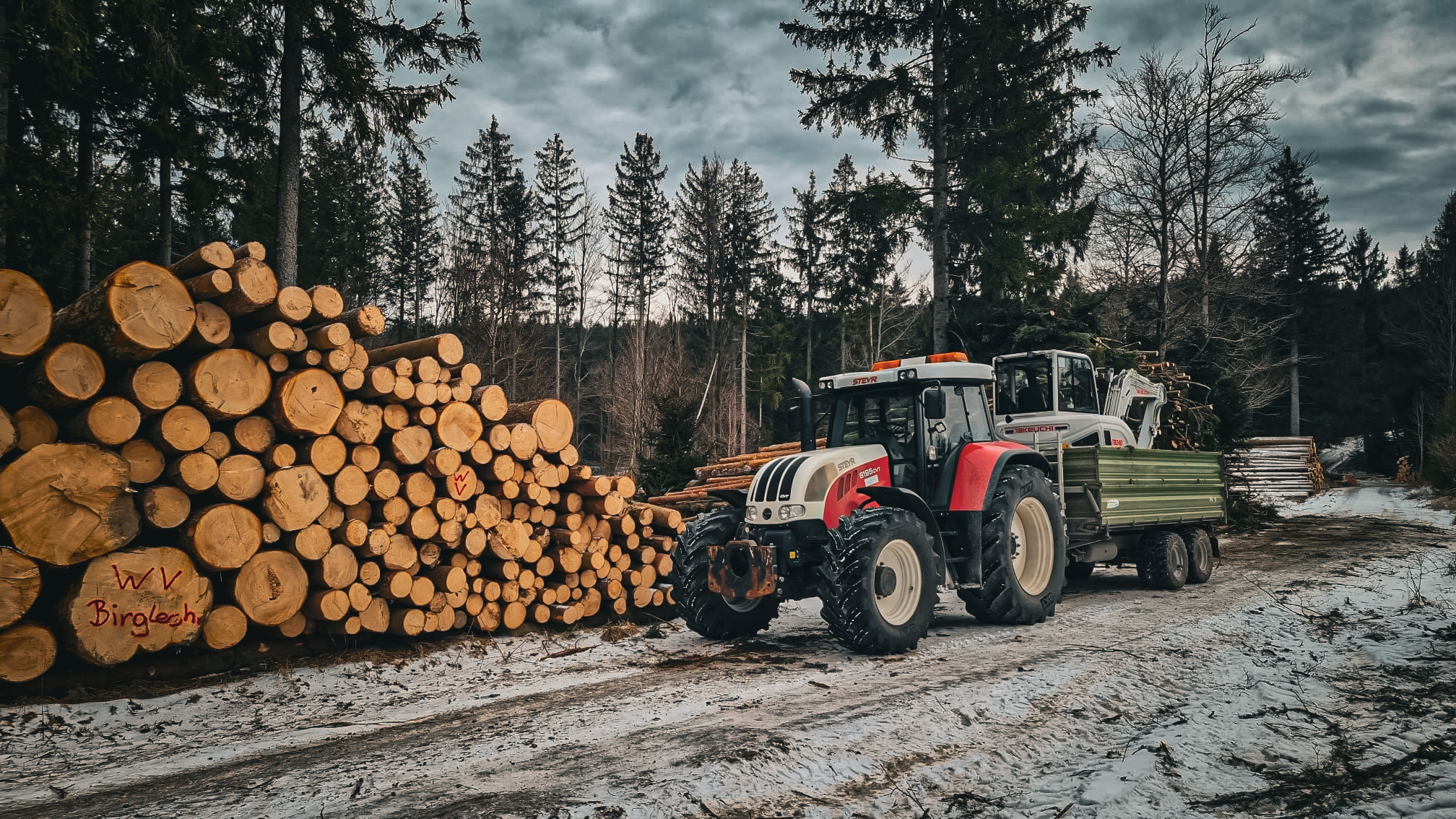 Traktor und Bagger bei Holzarbeiten
